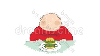 一个胖子拿着汉堡坐在快餐里，试图决定<strong>吃</strong>不<strong>吃</strong>，动画<strong>手绘</strong>手推车